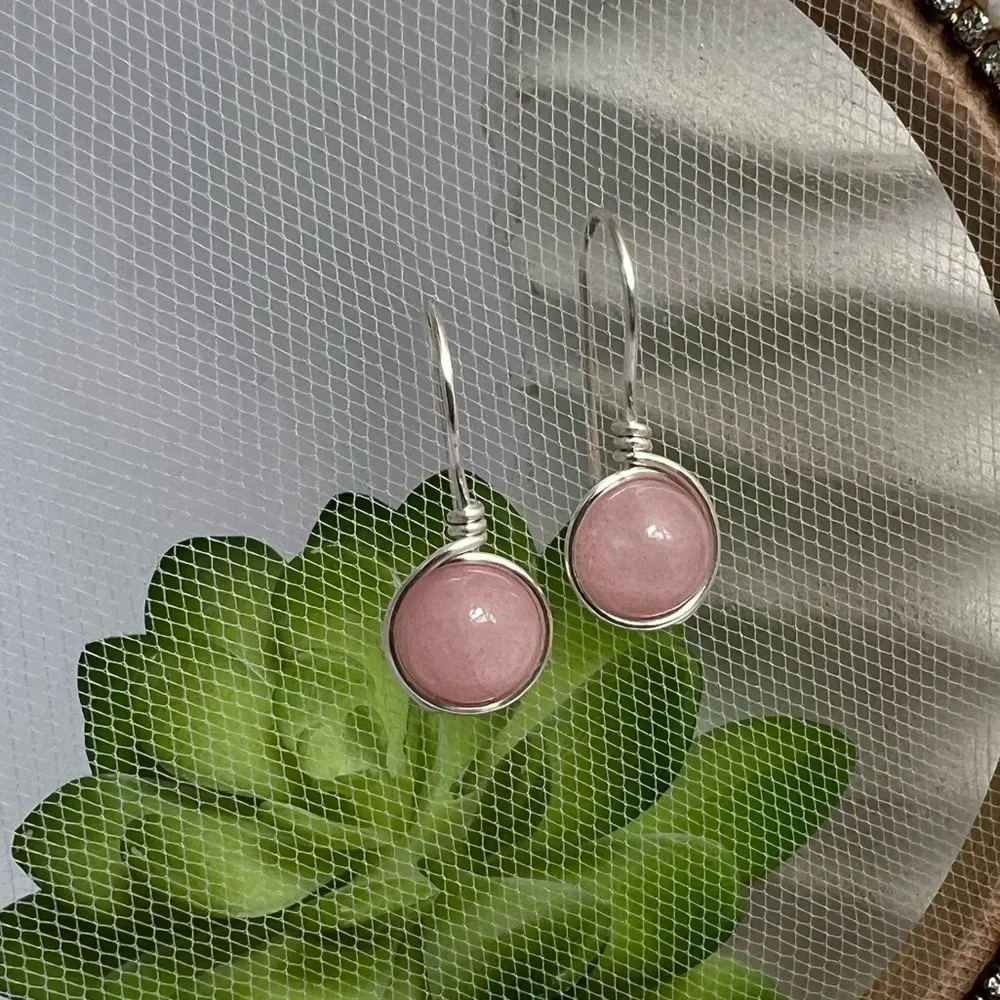 Rose Quartz Wire Wrapped Minimalist Earrings in Pink & Silver - Picture 13 of 13